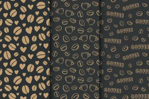 Coffee dark background with beans and hearts. Vector set of seamless pattern Stock Illustration