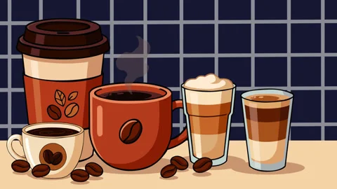 Coffee Day Animated Background with Assorted Coffee Cups, Espresso and Roast Stock Footage 344858491