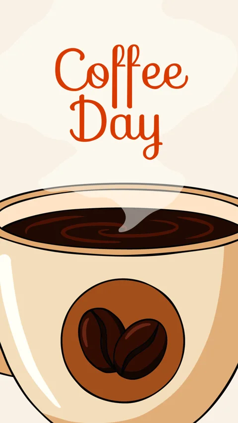 Coffee Day Animated Background with Steaming Coffee Cup and Coffee Bean Illu Stock Footage 344793749