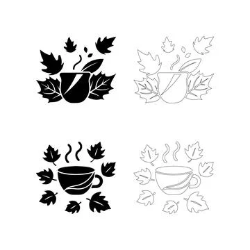 Coffee Day Autumn Maple Leaf Coffee Cup Icon Set in Black and White Outline.. Stock Illustration