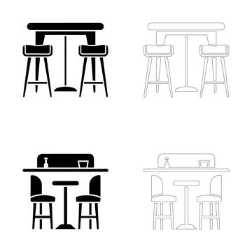Coffee day bar table stools bottle glass silhouette outline illustration set Stock Illustration