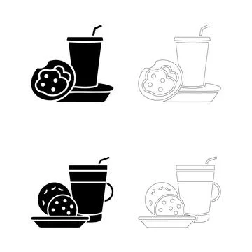 Coffee Day Beverage and Cookie Icon Set Cup with Straw Plate Silhouette and.. Stock Illustration
