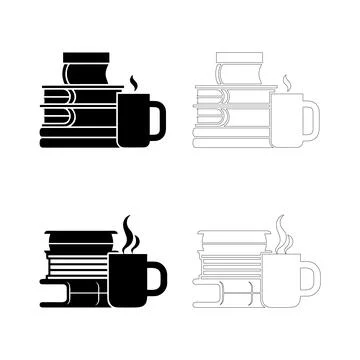Coffee Day Book Stack and Steaming Mug Icon Set with Solid and Outline Styles Stock Illustration