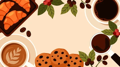 Coffee Day Cafe Background with Coffee Cups, Cookies, Croissants and Botanic Stock Footage 344718968