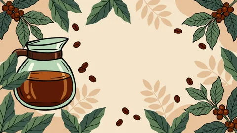 Coffee Day Celebration with Coffee Pot, Beans and Botanical Leaves 库存影片 344377335