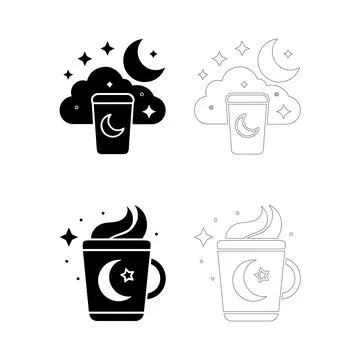 Coffee Day Celestial Coffee Cup Icon Set in Black and White Solid and Outli.. Stock Illustration