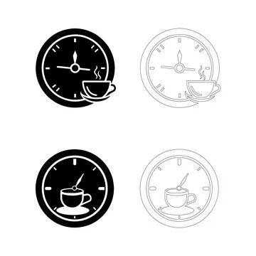 Coffee Day Clock and Coffee Cup Icon Set in Black and White Solid and Outli.. Stock Illustration