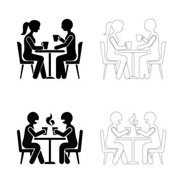 Coffee day coffee break two people at table icon set solid and outline silh.. Stock Illustration