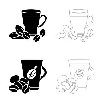 Coffee day coffee cup with leaf design and coffee beans icon set solid and .. Stock Illustration