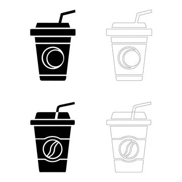 Coffee day coffee cup with straw icon set solid and outline silhouettes wit.. Stock Illustration