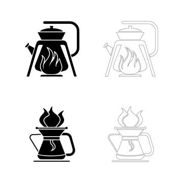 Coffee day coffee kettle icon set flame silhouette outline 2x2 grid Stock Illustration