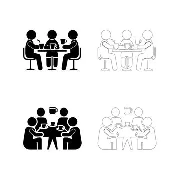 Coffee Day Group at Round Table Drinking Coffee Icon Set with 3-Person and .. Stock Illustration