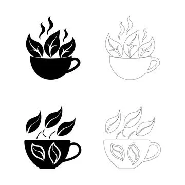 Coffee day leaf coffee cup icon set solid and outline silhouettes Stock Illustration