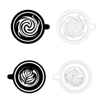 Coffee day top view latte art coffee cup icon set swirl and leaf silhouette.. Illustrazione stock