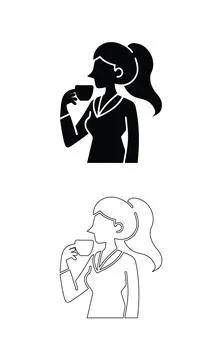 Coffee Day Vector Icon Set Woman Drinking Coffee Silhouettes in Solid and O.. Stock Illustration