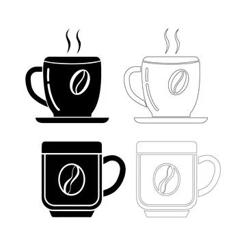 Coffee Day Vector Set of Four Steaming Coffee Cup Icons in Black and White Stock Illustration