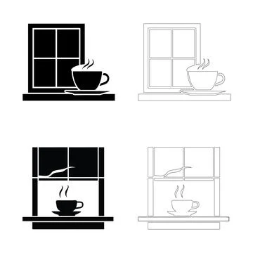 Coffee day window coffee cup steaming silhouette outline 2x2 grid illustrat.. Stock Illustration