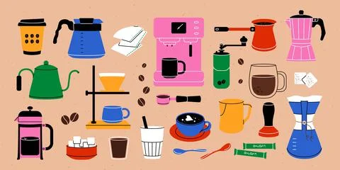 Coffee device. Cartoon coffee machine server french press kettle mug cup pitcher Stock Illustration