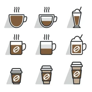 Coffee different cups. Vector icon set. Flat design color. Stock Illustration