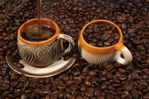 Coffee display with coffee beans Stock Photos
