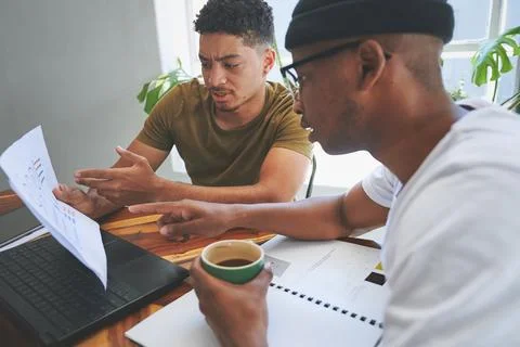 Coffee, document and people with conversation in cafe, remote work or point.. Stock Photos