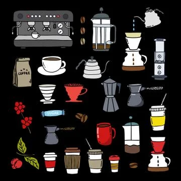 Coffee doodle icons set, vector color illustration Stock Illustration