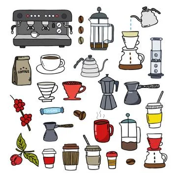 Coffee doodle icons set, vector color illustration Stock Illustration