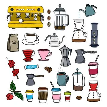 Coffee doodle icons set, vector hand draw illustration Stock Illustration
