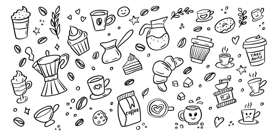 Coffee doodle pattern with mugs beans desserts and cafe elements Illustrazione stock