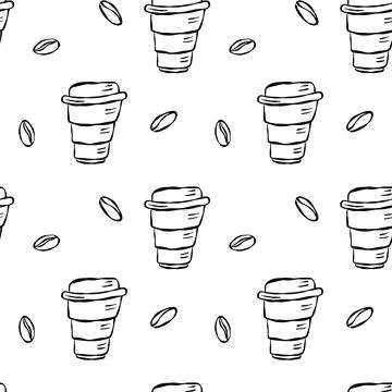 Coffee doodle seamless pattern in black and white Stock Illustration