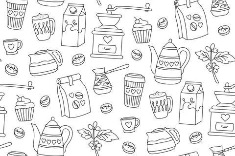 Coffee doodle seamless pattern cup drink beans breakfast boundless ornament Stock Illustration