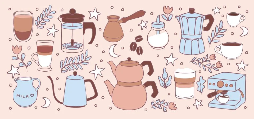 Coffee doodle set. Cafe flat icons, plant, cup and kitchen equipment. design イラスト素材