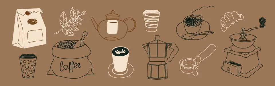 Coffee doodle vector set with cups, beans, and coffee maker. Hand drawn ill.. Stock Illustration