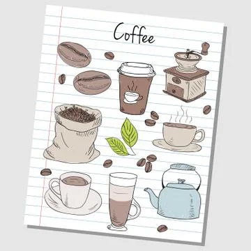 Coffee doodles - lined paper Stock Illustration