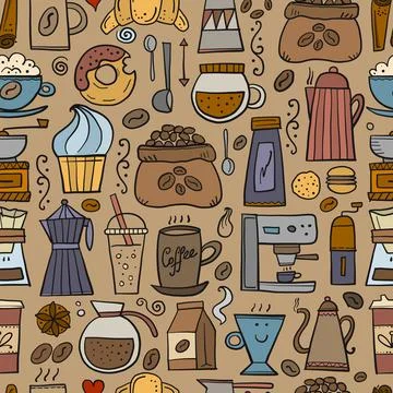 Coffee doodles, seamless pattern for your design. French press, cup of coffee Stock Illustration