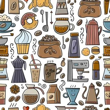 Coffee doodles, seamless pattern for your design. French press, cup of coffee Stock Illustration