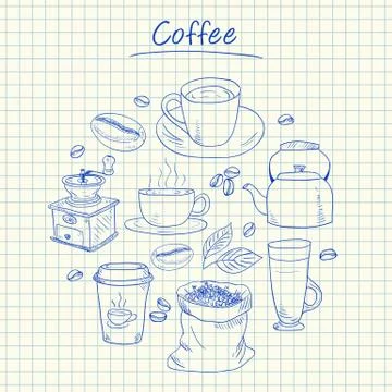 Coffee doodles - squared paper Stock Illustration