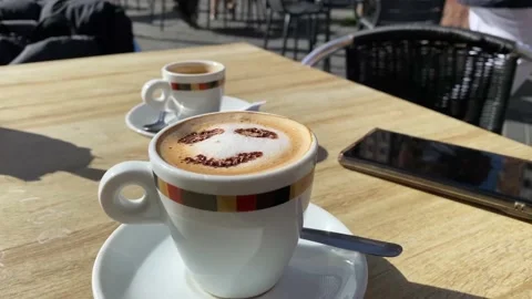 Coffee with drawn smiley face concept morning happiness cappuccino Stock Footage 236123774