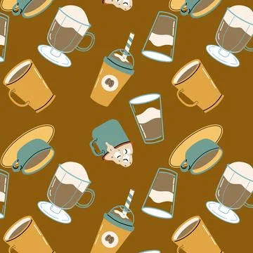Coffee drink in different cups - brown seamless pattern Stock Illustration