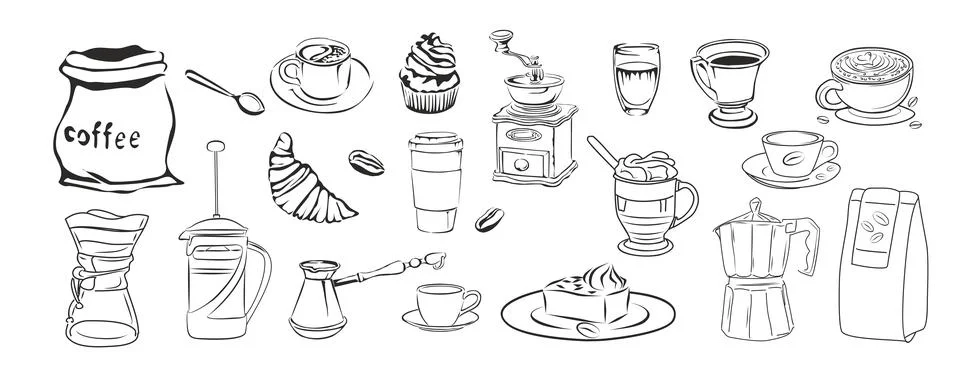 Coffee drink elements hand drawn vector illustrations line art collection. Stock Illustration