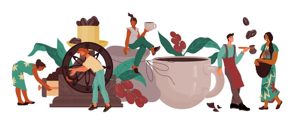 Coffee drink producing and processing banner template with people, vector. Stock Illustration
