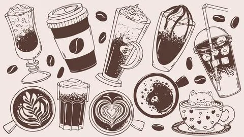 Coffee drink set doodle vector with latte art, to go cup, iced glass and cat Stock Illustration