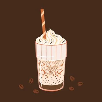 Coffee drink with whipped cream vector illustration. Delicious frappe beverage Stock Illustration