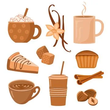 Coffee drinks and flavors. Set of decorative design elements Stockillustratie