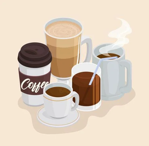 Coffee drinks beverages in set containers icons Stock Illustration
