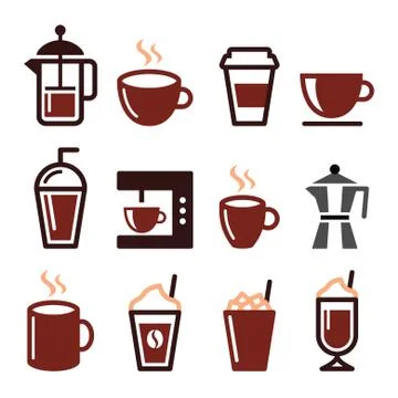 Coffee drinks, coffee makers icons set Illustrazione stock