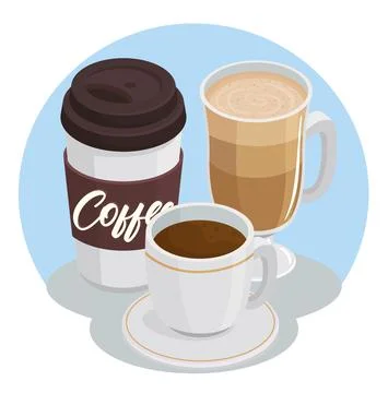 Coffee drinks in cup and take away pot icons Stock Illustration