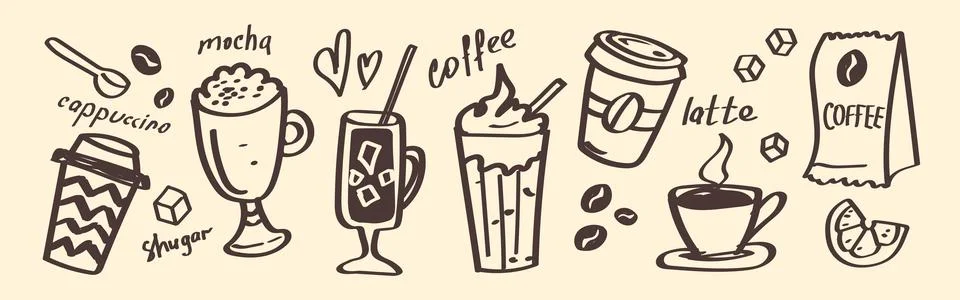 Coffee Drinks Doodle Set. Hand Drawn Vector Illustration. Stock Illustration