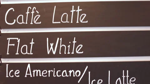 Coffee drinks menu in a cafe written in white letters on brown plates. Stock Footage 141209110