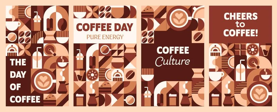 Coffee drinks posters with Bauhaus patterns 스톡 일러스트